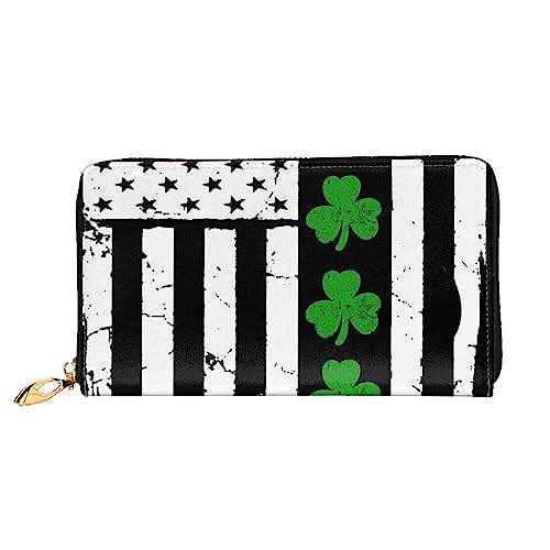 OUSIKA Irische amerikanische Flagge Damen Geldbörse Leder Große Kapazität Reißverschluss Clutch Handtasche Münzbörse für Frauen, Schwarz , Einheitsgröße von OUSIKA