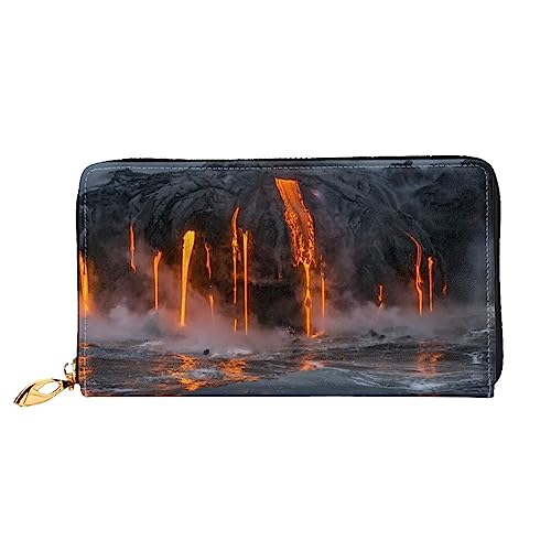 OUSIKA Kilauea Volcano Damen Geldbörse Leder Große Kapazität Reißverschluss Clutch Handtasche Münzbörse für Frauen, Schwarz , Einheitsgröße von OUSIKA