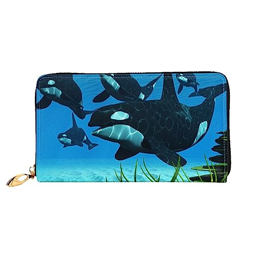 OUSIKA Killer Whales Swim Along Damen Geldbörse Leder Große Kapazität Reißverschluss Clutch Handtasche Münzbörse für Frauen, Schwarz , Einheitsgröße von OUSIKA