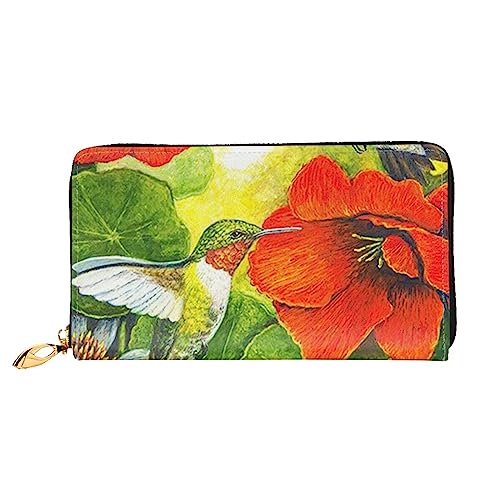 OUSIKA Kolibri Hibiskus Gänseblümchen Blumen Damen Geldbörse Leder Große Kapazität Reißverschluss Clutch Handtasche Münzbörse für Frauen, Schwarz , Einheitsgröße von OUSIKA