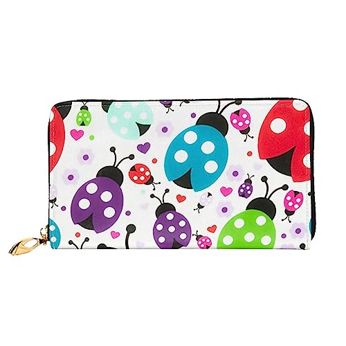 OUSIKA Ladybug Blumen Muster Damen Geldbörse Leder Große Kapazität Reißverschluss Clutch Handtasche Münzbörse für Frauen, Schwarz , Einheitsgröße von OUSIKA