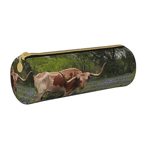 OUSIKA Longhorn Steer and Bluebonnets Runde Bleistifttasche Wasserdicht Leder Stifteetui Make-up Tasche Reise Kulturbeutel Organizer Fall Für Männer Frauen, weiß, Einheitsgröße von OUSIKA