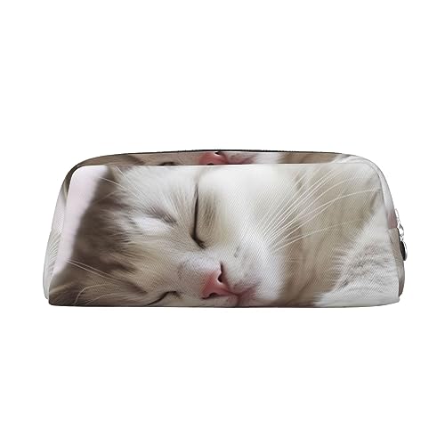 OUSIKA Make-up-Tasche mit schlafender Katze, Leder, Federmäppchen, Reise-Kulturbeutel, Kosmetiktasche, tägliche Aufbewahrungstasche für Damen, silber, Einheitsgröße von OUSIKA