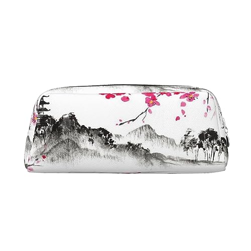 OUSIKA Mount Fuji Make-up-Tasche aus Leder, mit Kirsche, Reise-Kulturbeutel, Kosmetiktasche, tägliche Aufbewahrungstasche für Damen, silber, Einheitsgröße von OUSIKA