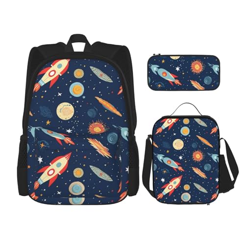OUSIKA Rocket in Space Rucksack, bedruckt, lässiger Tagesrucksack mit Lunchbox, Federmäppchen für Damen und Herren, 3 Stück, Schwarz , Einheitsgröße von OUSIKA