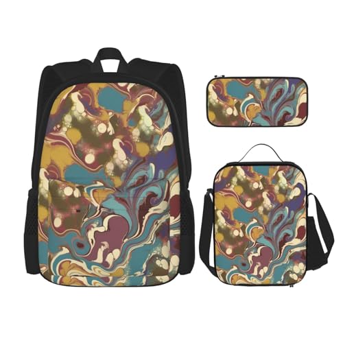 OUSIKA Romano Rucksack mit Kunstdruck, lässiger Tagesrucksack mit Lunchbox, Federmäppchen für Damen und Herren, 3-teilig, Schwarz , Einheitsgröße, Rucksack, Rucksäcke von OUSIKA