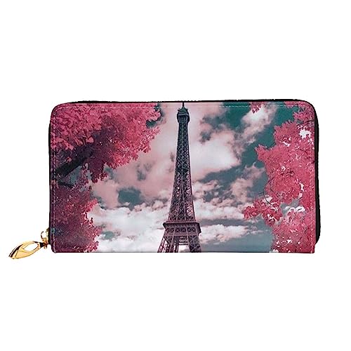 OUSIKA Rosa Landschaft Eiffelturm Damen Geldbörse Leder Große Kapazität Reißverschluss Clutch Handtasche Münzbörse für Frauen, Schwarz , Einheitsgröße von OUSIKA