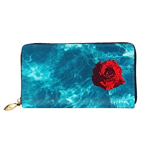 OUSIKA Rose On The Blue Water Damen Geldbörse Leder Große Kapazität Reißverschluss Clutch Handtasche Münzbörse für Frauen, Schwarz , Einheitsgröße von OUSIKA