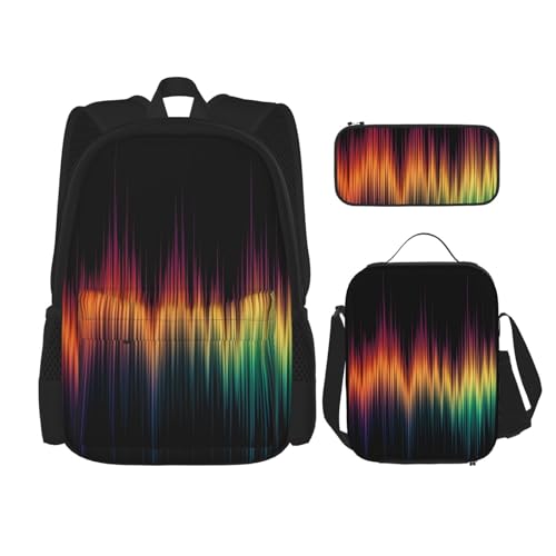 OUSIKA Rucksack, 3-teilig, mit Wellenform, lässiger Tagesrucksack mit Lunchbox, Federmäppchen für Damen und Herren, Schwarz, Schwarz , Einheitsgröße von OUSIKA