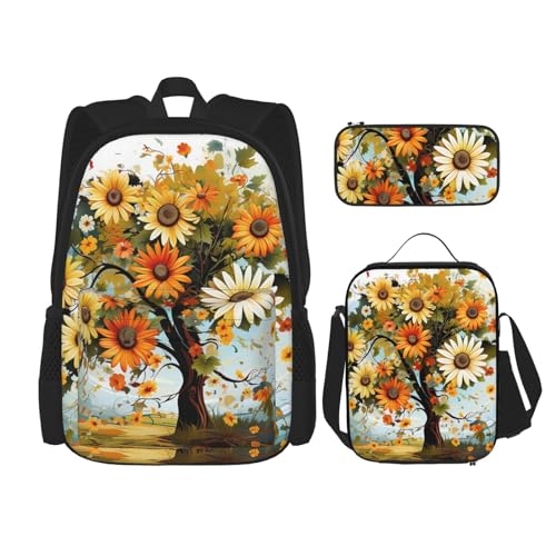 OUSIKA Rucksack, Motiv: Baum mit Gänseblümchen, Sonnenblumen, Schmetterlingen, Marienkäfern, Insekten, lässiger Tagesrucksack mit Lunchbox, Federmäppchen für Damen und Herren, 3 Stück, Schwarz , von OUSIKA