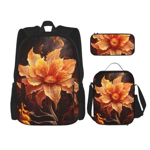 OUSIKA Rucksack, Motiv: Flamme und Blumen, 3-teilig, lässiger Tagesrucksack mit Lunchbox, Federmäppchen für Damen und Herren, Schwarz , Einheitsgröße von OUSIKA