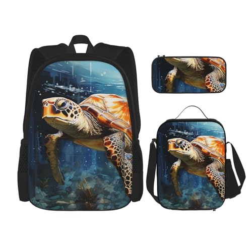 OUSIKA Rucksack, Motiv: Schildkröte, schwimmend im Meer, lässiger Tagesrucksack mit Lunchbox, Federmäppchen für Damen und Herren, Schwarz, Einheitsgröße, 3 Stück, Schwarz , Einheitsgröße von OUSIKA