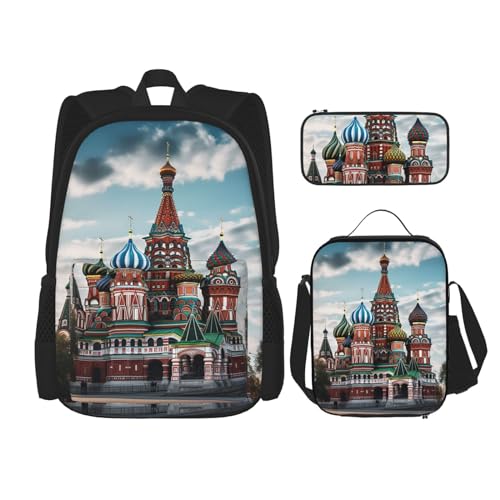 OUSIKA Rucksack, Motiv: St. Basilikum-Kathedrale, rot, quadratisch in Moskau, bedruckt, lässiger Tagesrucksack mit Lunchbox, Federmäppchen für Damen und Herren, 3 Stück, Schwarz , Einheitsgröße, von OUSIKA