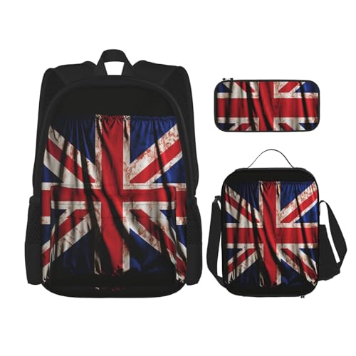 OUSIKA Rucksack, Motiv: britische Flagge auf schwarzem Hintergrund, lässiger Tagesrucksack mit Lunchbox, Federmäppchen für Damen und Herren, 3 Stück, Schwarz , Einheitsgröße, Rucksack, Rucksäcke von OUSIKA