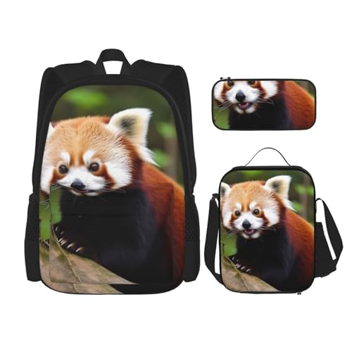 OUSIKA Rucksack, Motiv: kleiner roter Panda, lässiger Tagesrucksack mit Lunchbox, Federmäppchen für Damen und Herren, 3 Stück, Schwarz , Einheitsgröße, Rucksack Backpacks von OUSIKA