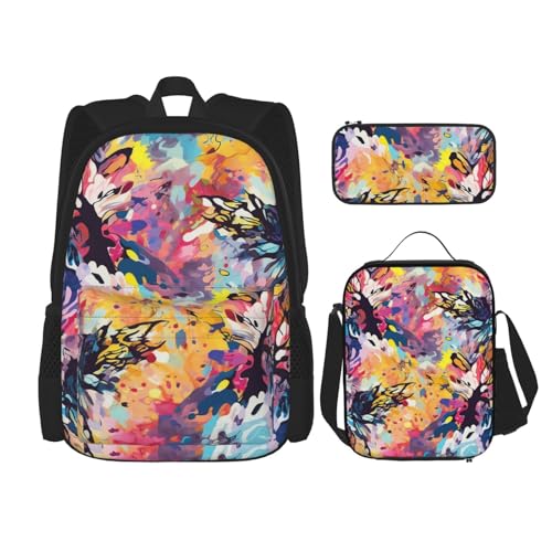 OUSIKA Rucksack, bunt, abstrakt, Blumendruck, lässiger Tagesrucksack mit Lunchbox, Federmäppchen für Damen und Herren, 3 Stück, Schwarz , Einheitsgröße, Rucksack, Rucksäcke von OUSIKA