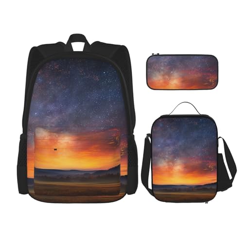 OUSIKA Rucksack-Set, Motiv: Sternennacht, Sonnenuntergang, Himmelsbild, lässiger Tagesrucksack mit Lunchbox, Federmäppchen für Damen und Herren, Schwarz, 3 Stück, Schwarz , Einheitsgröße von OUSIKA