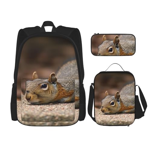 OUSIKA Rucksack mit Eichhörnchen-Motiv, lässiger Tagesrucksack mit Lunchbox, Federmäppchen für Damen und Herren, 3 Stück, Schwarz , Einheitsgröße, Rucksack, Rucksäcke von OUSIKA