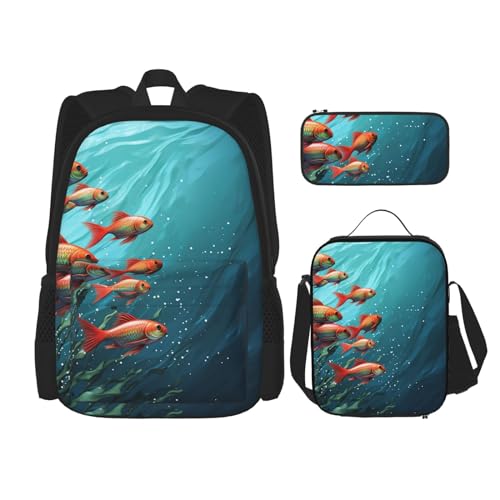 OUSIKA Rucksack mit Fisch-Aquarium-Druck, lässiger Tagesrucksack mit Lunchbox, Federmäppchen für Damen und Herren, 3 Stück, Schwarz , Einheitsgröße, Rucksack, Rucksäcke von OUSIKA