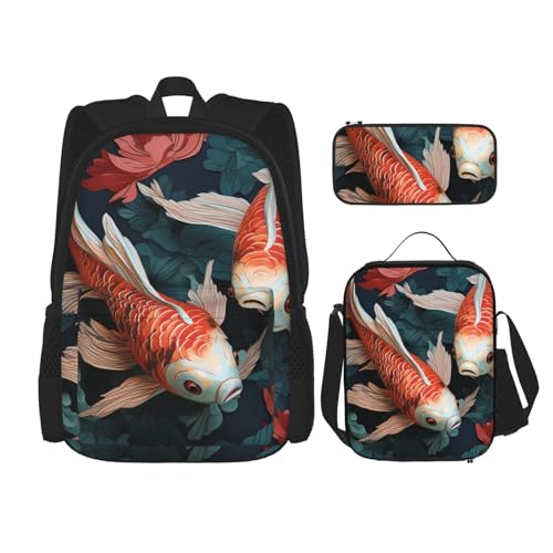 OUSIKA Rucksack mit Fisch- und Blumenmotiv, lässiger Tagesrucksack mit Lunchbox, Federmäppchen für Damen und Herren, Schwarz, Einheitsgröße, 3-teilig, Schwarz , Einheitsgröße von OUSIKA