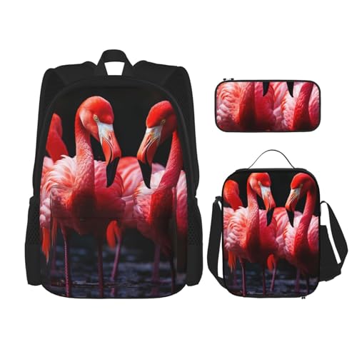 OUSIKA Rucksack mit Flamingos auf schwarzem Hintergrund, 3-teilig, lässiger Tagesrucksack mit Lunchbox, Federmäppchen für Damen und Herren, Schwarz , Einheitsgröße von OUSIKA