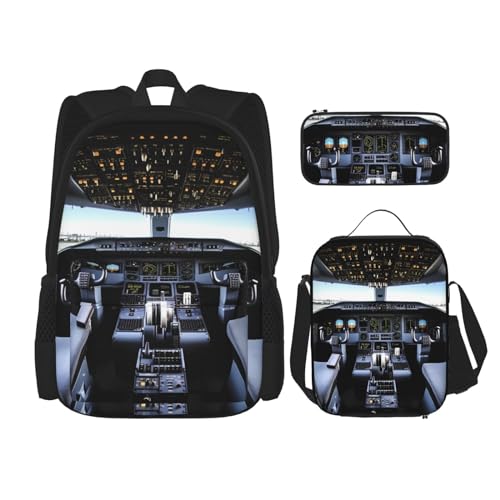 OUSIKA Rucksack mit Flugzeug-Cockpit-Druck, lässiger Tagesrucksack mit Lunchbox, Federmäppchen für Damen und Herren, 3 Stück, Schwarz , Einheitsgröße, Rucksack, Rucksäcke von OUSIKA