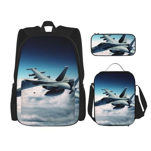 OUSIKA Rucksack mit Flugzeugkampfjets, 3-teilig, bedruckt, lässiger Tagesrucksack mit Lunchbox, Federmäppchen für Damen und Herren, Schwarz , Einheitsgröße von OUSIKA