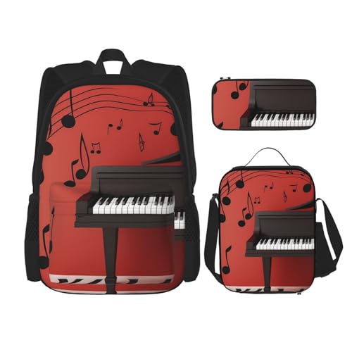 OUSIKA Rucksack mit Musiknoten, Klavier, 3-teilig, lässiger Tagesrucksack mit Lunchbox, Federmäppchen für Damen und Herren, Schwarz, Schwarz , Einheitsgröße von OUSIKA
