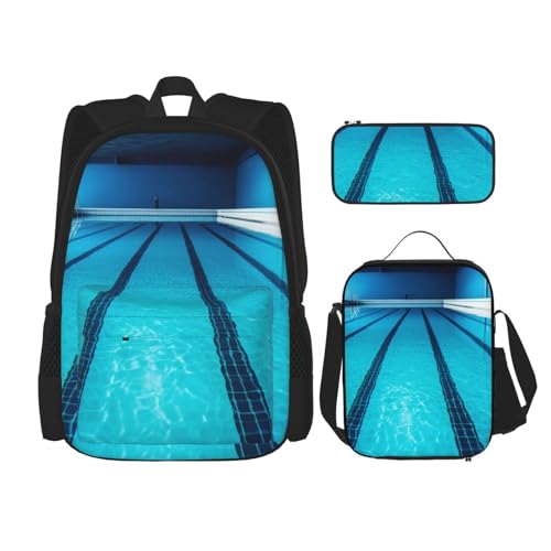 OUSIKA Rucksack mit Schwimmbad-Aufdruck, lässiger Tagesrucksack mit Lunchbox, Federmäppchen für Damen und Herren, 3 Stück, Schwarz , Einheitsgröße, Rucksack, Rucksäcke von OUSIKA