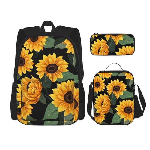 OUSIKA Rucksack mit Sonnenblumenmuster, 3-teilig, lässiger Tagesrucksack mit Lunchbox, Federmäppchen für Damen und Herren, Schwarz, Einheitsgröße, Schwarz , Einheitsgröße von OUSIKA