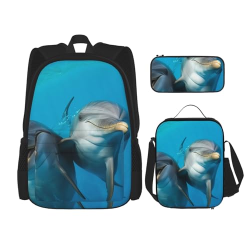 OUSIKA Rucksack mit lächelndem Gesicht, Delfine, 3-teilig, lässiger Tagesrucksack mit Lunchbox, Federmäppchen für Damen und Herren, Schwarz , Einheitsgröße von OUSIKA