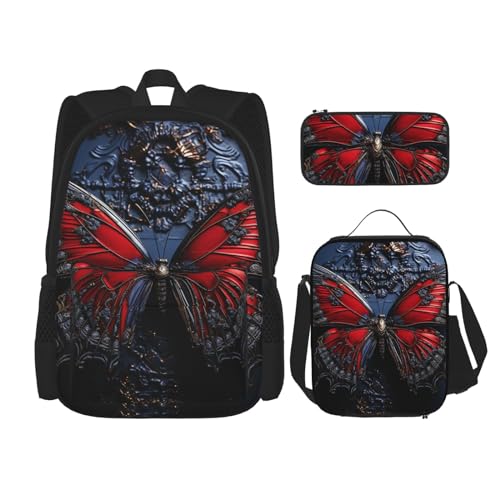 OUSIKA Rucksack mit rotem Schmetterling, 3-teilig, lässiger Tagesrucksack mit Lunchbox, Federmäppchen für Damen und Herren, Schwarz, Einheitsgröße, Schwarz , Einheitsgröße von OUSIKA