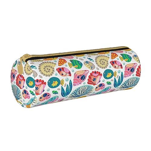 OUSIKA Sea Life Rundes Federmäppchen, wasserdicht, Leder, Make-up-Tasche, Reise-Kulturbeutel, Organizer, Etui für Männer und Frauen, weiß, Einheitsgröße von OUSIKA