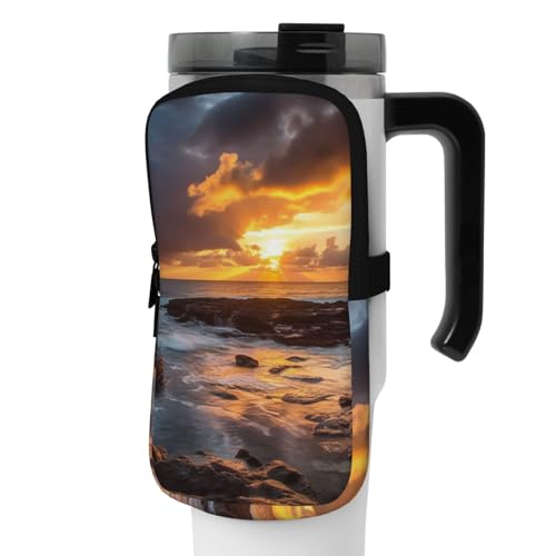 OUSIKA Sunset Clouds Coast Hawaii Print Water Bottle Pouch Tumbler Pouch Bag Handheld Sports Drink Bottle Accessories Bag Zipper Pouch Belt Bag for Men Women, Schwarz , M von OUSIKA