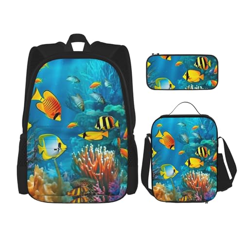 OUSIKA The Underwater World Rucksack, Motiv: tropische Fische, lässiger Tagesrucksack mit Lunchbox, Federmäppchen für Damen und Herren, 3-teilig, Schwarz , Einheitsgröße, Rucksack, Rucksäcke von OUSIKA