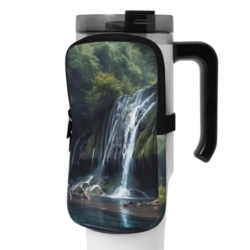 OUSIKA Wasserfall-Druck-Wasserflaschen-Beutel-Tumbler-Beutel-Beutel-Handheld-Sport-Getränkeflaschen-Zubehör-Tasche Reißverschluss-Tasche Gürteltasche für Männer Frauen, Schwarz , M von OUSIKA