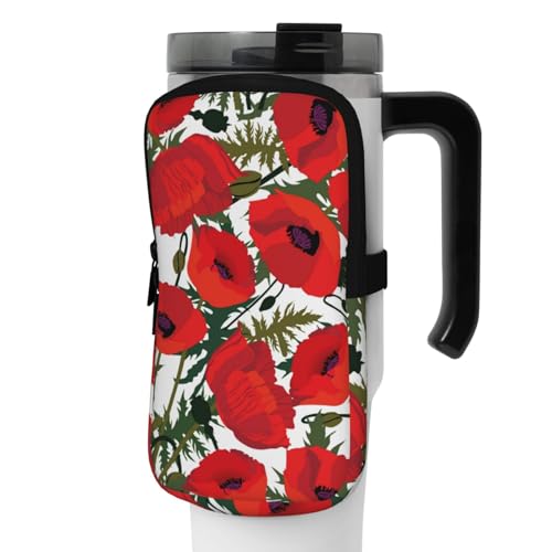 OUSIKA Wasserflasche mit Mohnblumen-Muster, Beutel, Becher, Tasche, Handheld-Sport-Trinkflasche, Zubehör, Tasche, Reißverschluss, Gürteltasche für Männer und Frauen, Schwarz , S von OUSIKA