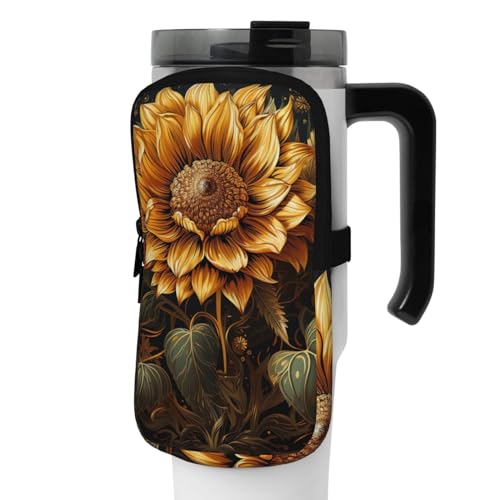 OUSIKA Wasserflasche mit Sonnenblume auf schwarzem Hintergrund, Wasserflasche, Beutel, Tasche, Handheld-Sport-Trinkflasche, Zubehör, Tasche, Reißverschluss, Gürteltasche für Männer und Frauen, Schwarz von OUSIKA