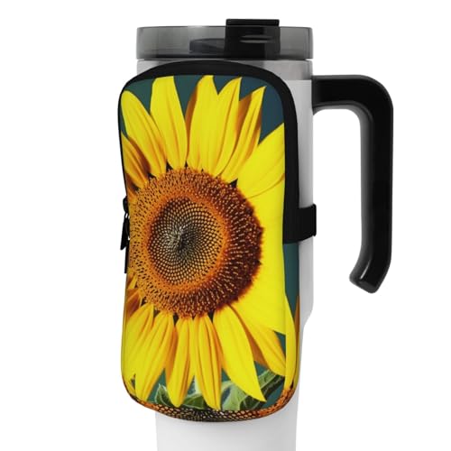 OUSIKA Wasserflaschen-Beutel mit Sonnenblumen-Aufdruck, Beutel, Beutel, Handheld-Sport-Trinkflasche, Zubehör, Tasche, Reißverschluss, Gürteltasche für Männer und Frauen, Schwarz , S von OUSIKA