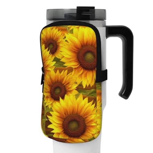 OUSIKA Wasserflaschen-Beutel mit Sonnenblumen-Muster, Beutel, Tasche, Handheld-Sport-Trinkflasche, Zubehör, Tasche, Reißverschluss, Gürteltasche für Männer und Frauen, Schwarz , M von OUSIKA