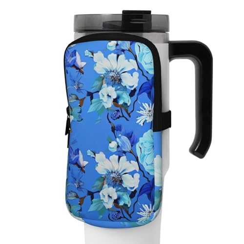 OUSIKA Wasserflaschen-Beutel mit blauem Blumendruck, Beutel, Tasche, Handheld-Sport-Trinkflasche, Zubehör, Tasche, Reißverschluss, Gürteltasche für Männer und Frauen, Schwarz , S von OUSIKA