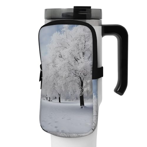 OUSIKA Wasserflaschen-Beutel mit weißem Schneebaum-Druck, Beutel, Tasche, Handheld-Sport-Trinkflasche, Zubehör, Tasche, Reißverschluss, Gürteltasche für Männer und Frauen, Schwarz , M von OUSIKA