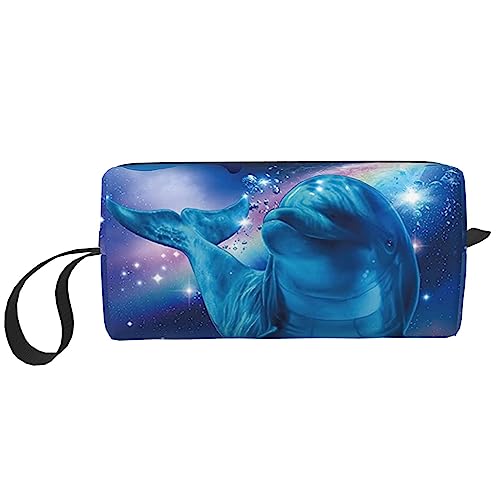 OUSIKA olphins in space Kosmetiktaschen für Frauen Tragbare Make-up-Tasche Reise Aufbewahrungstasche Täglich Empfang Tasche Große Kapazität Kulturbeutel, Weiß, Einheitsgröße, weiß, Einheitsgröße von OUSIKA