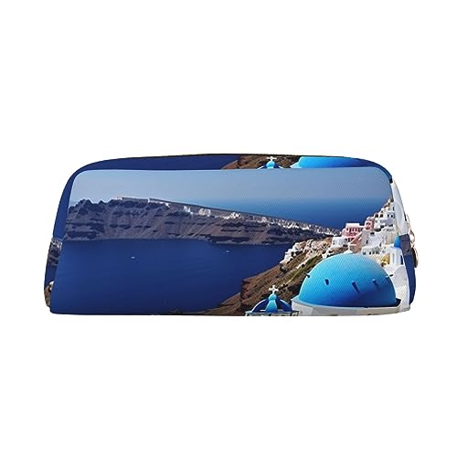 Santorini Griechische Insel Meerblick Make-up-Tasche Leder Federmäppchen Reise Kulturbeutel Kosmetiktasche tägliche Aufbewahrungstasche für Frauen, gold, Einheitsgröße, Taschen-Organizer von OUSIKA