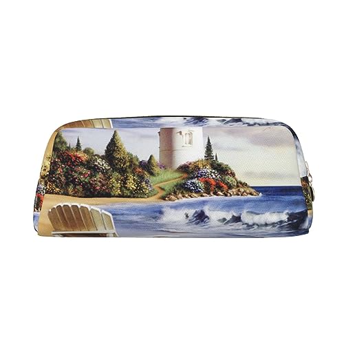 Sea Lighthouse Sandbeach Make-up-Tasche Leder Federmäppchen Reise Kulturbeutel Kosmetiktasche tägliche Aufbewahrungstasche für Frauen, gold, Einheitsgröße, Taschen-Organizer von OUSIKA