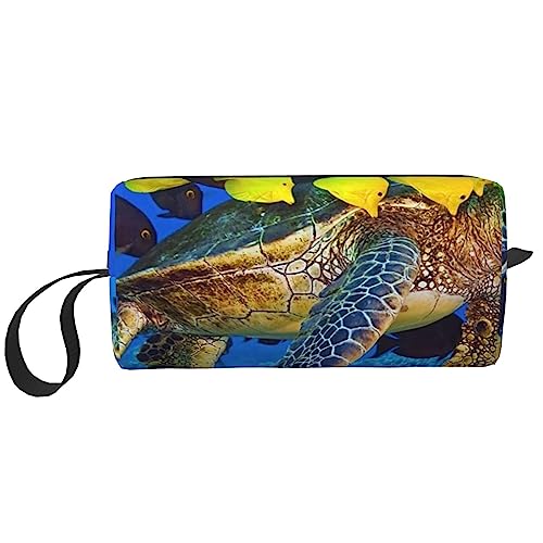 Sea Turtle with Fishes Cosmetic Bags for Women Portable Makeup Bag Travel Storage Bag Daily Receive Bag Large Capacity Culletry Bag, weiß, Einheitsgröße von OUSIKA