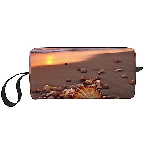 Shell Beach Sunset Kosmetiktaschen für Frauen Tragbare Make-up-Tasche Reise Aufbewahrungstasche Täglich Empfang Tasche Große Kapazität Kulturbeutel, weiß, Einheitsgröße von OUSIKA