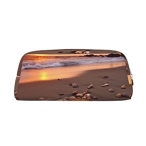 Shell Beach Sunset Make-up Tasche Leder Federmäppchen Reise Kulturbeutel Kosmetiktasche Täglich Aufbewahrungstasche für Frauen, gold, Einheitsgröße, Taschen-Organizer von OUSIKA