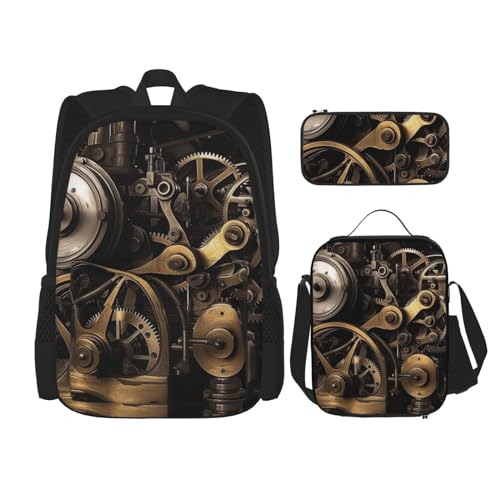 Steam Machinery Rucksack, bedruckt, lässiger Tagesrucksack mit Lunchbox, Federmäppchen für Damen und Herren, Schwarz, Einheitsgröße, Schwarz , Einheitsgröße von OUSIKA