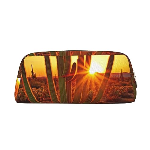 Sunset Cactus in Desert Make-up-Tasche Leder Federmäppchen Reise Kulturbeutel Kosmetiktasche tägliche Aufbewahrungstasche für Frauen, gold, Einheitsgröße, Taschen-Organizer von OUSIKA